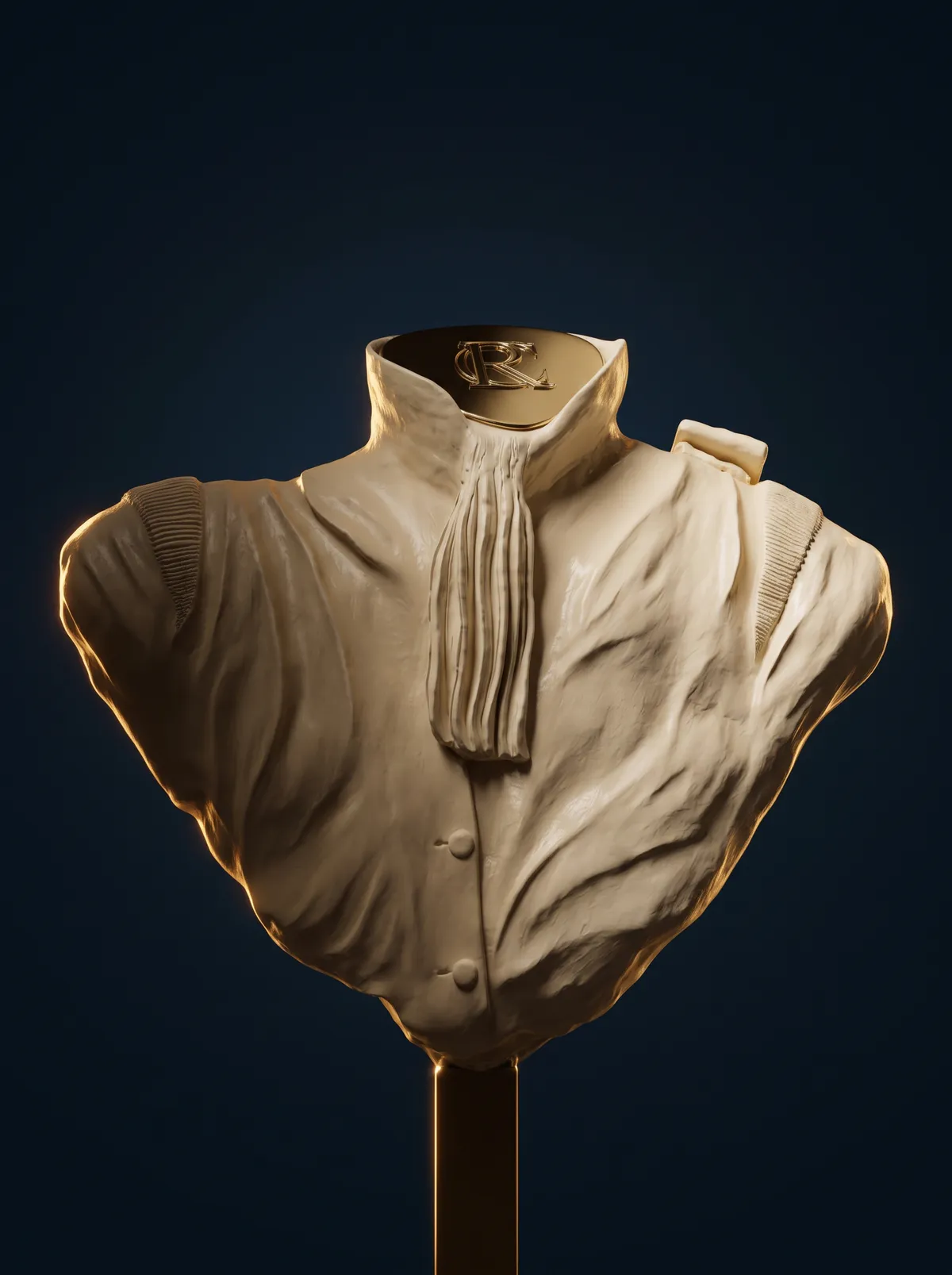 Sculpture en buste d’une robe d’avocat, col et rabat plissé, frappée du monogramme RC